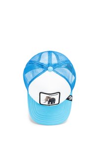 Cappellino blu con retro in rete, pannello frontale bianco, design di mammut ricamato e fascia regolabile. Texture liscia, visiera curvata.