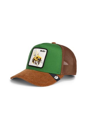 Casquette verte et marron avec une visière texturée, ornée d'une patch graphique en forme d'abeille avec le mot "BUSY" et des panneaux latéraux en mesh.