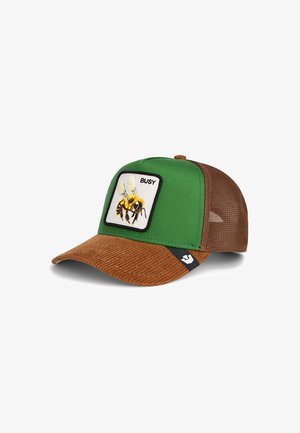 Green and brown cap with a textured brim, featuring a bee graphic patch with the word "BUSY" and mesh side panels.