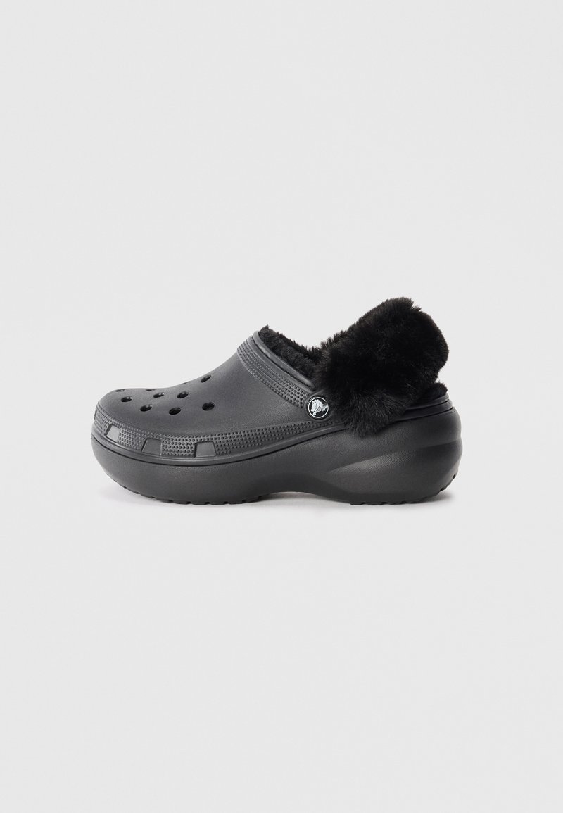 Black clogs with a soft faux fur lining, ventilation holes, and a logo accent on the side; textured rubber sole for grip.
