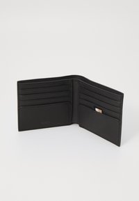 Black leather wallet with a textured finish, featuring multiple card slots and a compartment for bills or documents. Simple fold design.