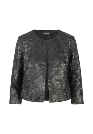 Black jacket with textured floral pattern, round neckline, and open front design. Features long sleeves and a smooth fabric finish.