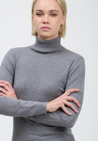 Pull en col roulé gris en tissu doux, avec une coupe ajustée et un col côtelé. Manches longues avec des poignets côtelés, texture lisse.