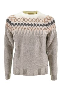 Maglione di lana lavorato a maglia con scollatura rotonda, corpo grigio chiaro e girocollo a motivo nelle tonalità di crema, marrone e grigio scuro. Polsini a costine.