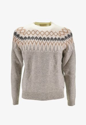 Maglione di lana lavorato a maglia con scollatura rotonda, corpo grigio chiaro e girocollo a motivo nelle tonalità di crema, marrone e grigio scuro. Polsini a costine.