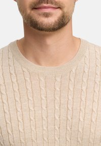Maglione beige a maglia con motivo a treccia, scollatura rotonda e tessuto testurizzato. La vista ravvicinata mette in risalto i dettagli del materiale e del design.