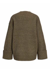 Olivově zelený pletený svetr s volným střihem, širokými rukávy, žebrovanou texturou a silnými manžetami, s minimalistickým designem.