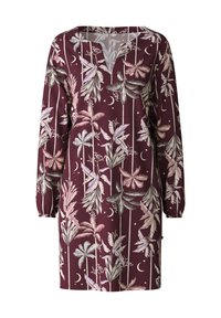 Langarm jurk van bordeaux stof met palmblad- en maanprint. V-hals ontwerp met elastische manchetten en een relaxte fit.