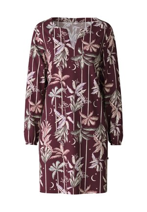 Robe à manches longues en tissu bordeaux présentant un imprimé de feuilles de palmier et de lune. Design en V avec des poignets élastiques et une coupe décontractée.