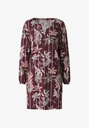 Robe à manches longues en tissu bordeaux présentant un imprimé de feuilles de palmier et de lune. Design en V avec des poignets élastiques et une coupe décontractée.