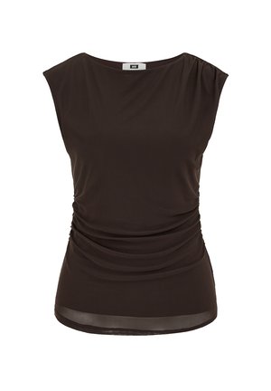 Hnedý top bez rukávov z hladkej látky. Má na bokoch zhrnuté detaily a jemný priehľadný lem. Okrúhly výstrih.