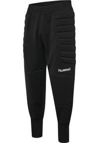 Zwarte sportbroek met gevoerde accenten op de dijen, elastische tailleband en taps toelopende broekspijpen. Hummel-logo in het wit op de heup.