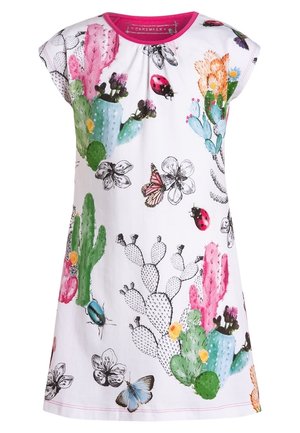 Cotton dress featuring a sleeveless design with a pink neckline, adorned with colorful cactus, flower, and butterfly prints on a white background.