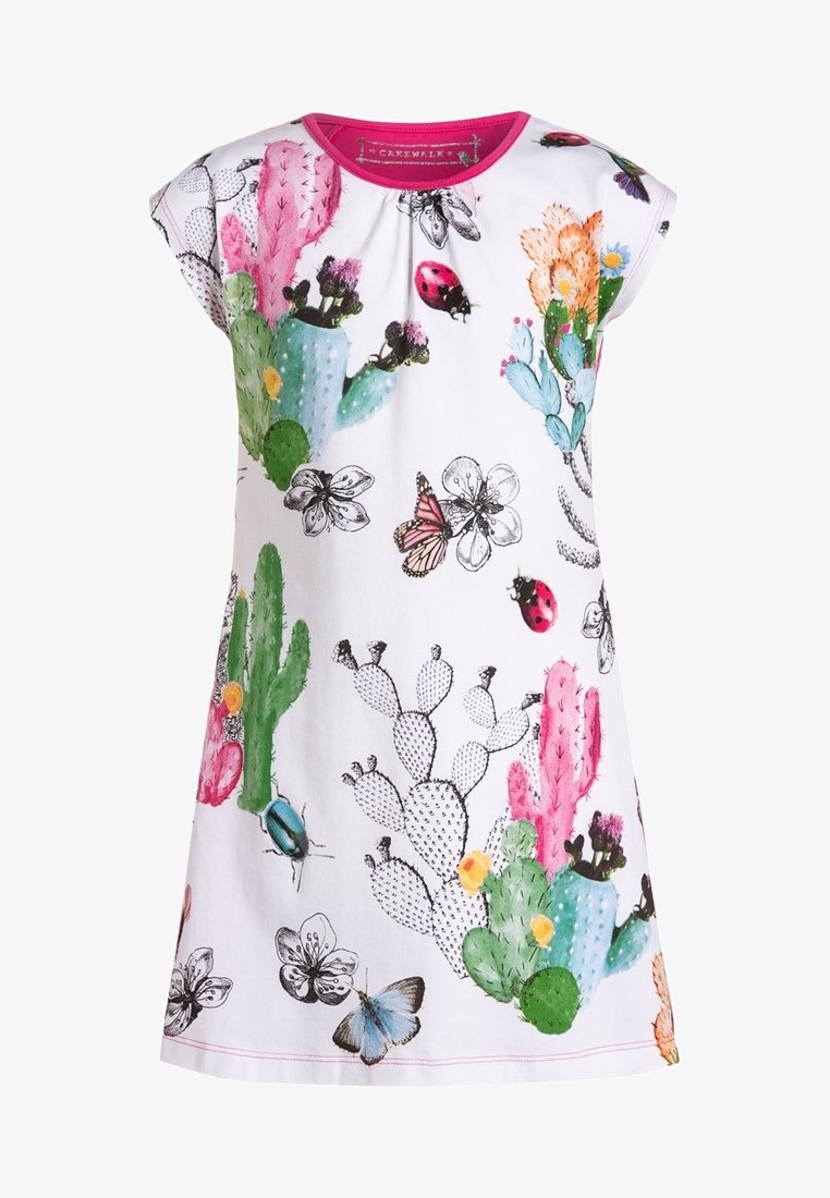 Bavlněné šaty s bezramínkovým designem a růžovým výstřihem, zdobené barevnými potisky kaktusů, květin a motýlů na bílém pozadí.