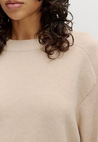 Beiger Pullover mit geripptem Rundhalsausschnitt, weicher Textur und lockerer Passform, mit dezenten Nahtdetails an den Schultern.