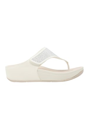 Sandalo con zeppa bianco con cinturino infradito e fascia superiore decorata con piccoli strass, vista laterale su sfondo semplice.