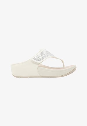 Sandalo con zeppa bianco con cinturino infradito e fascia superiore decorata con piccoli strass, vista laterale su sfondo semplice.