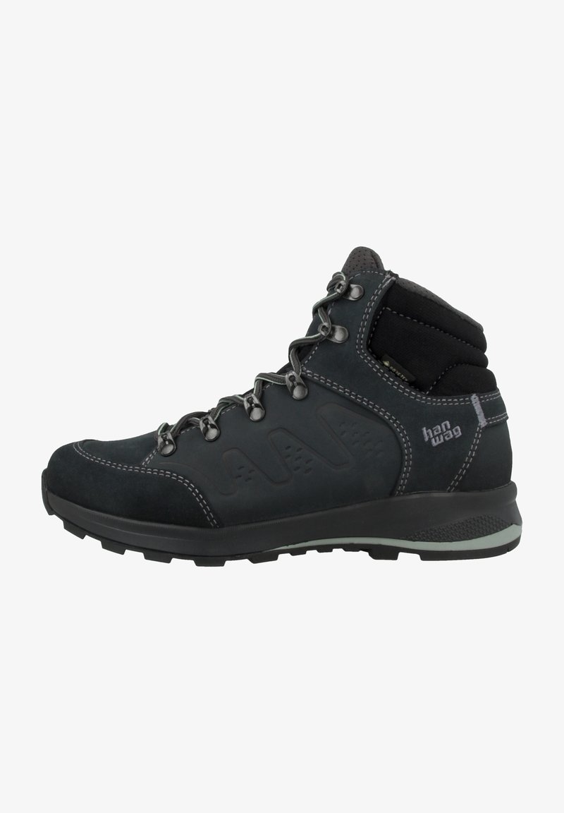 Black hiking boots with a suede and textile upper, featuring metallic eyelets, reinforced toe cap, and textured rubber sole for grip.