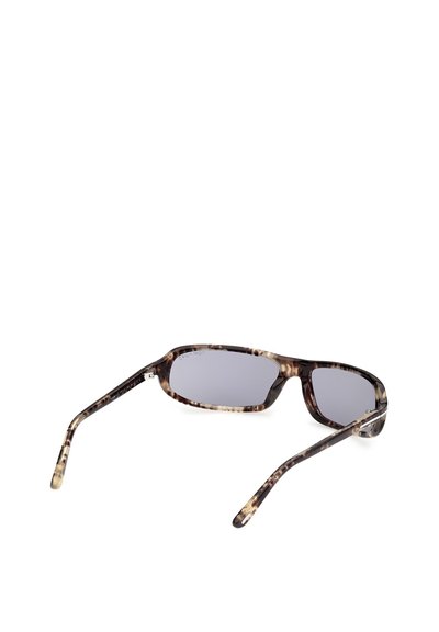 Rectangular sunglasses with tortoiseshell-patterned frame and dark tinted lenses, viewed from a slight rear angle on a white background.