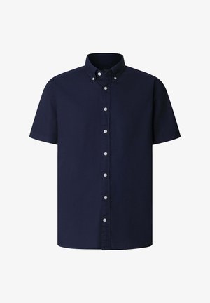Marineblaue Kurzarm-Hemd mit durchgehender Knopfleiste, Button-Down-Kragen und weißen Knöpfen vorne.