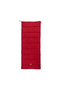 Rode rechthoekige slaapzak met horizontale stiksels, gewatteerd ontwerp en een logo aan de onderkant. Zachte textuur, lichte stof.