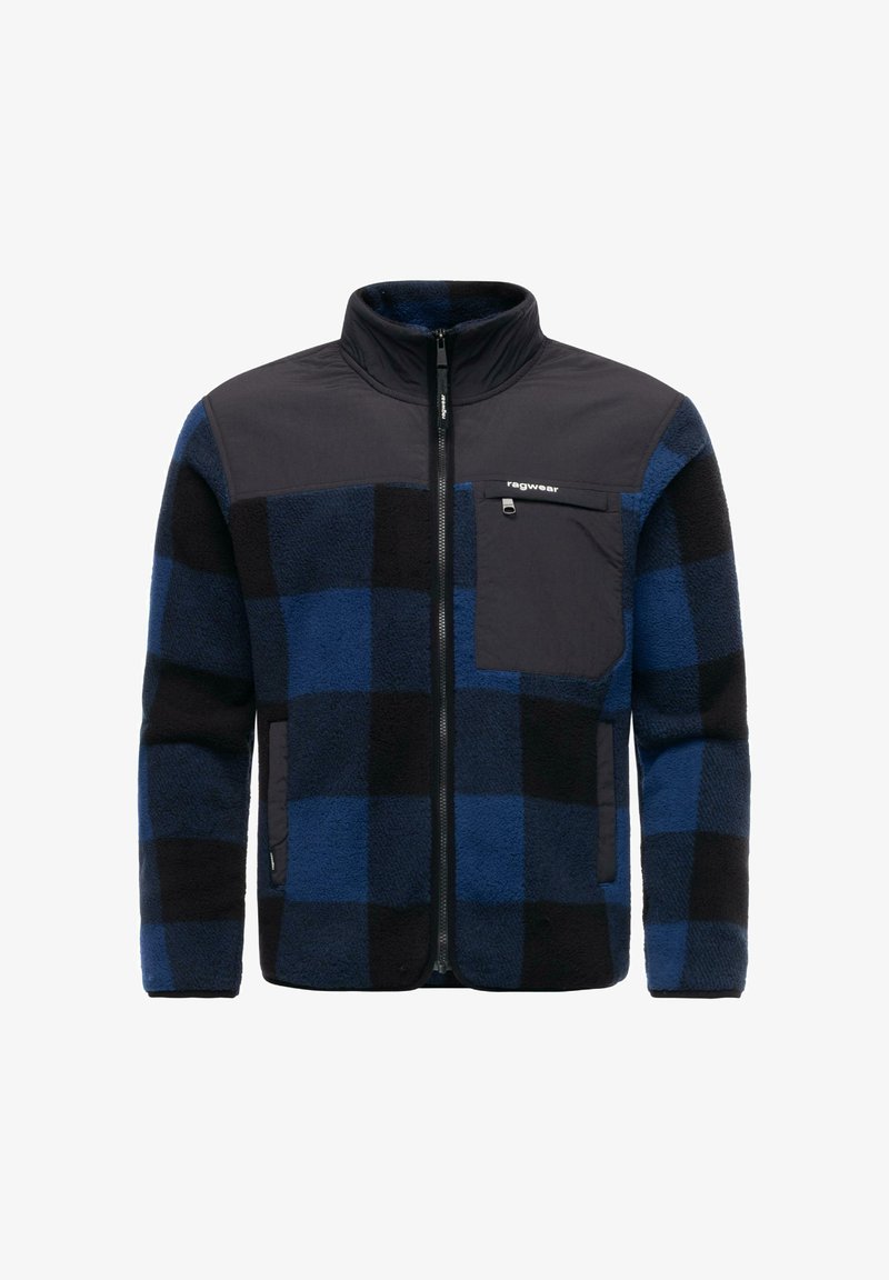 Kurtka polarowa z niebiesko-czarnym wzorem w kratę, czarnymi panelami na ramionach i kieszeniach, wysokim kołnierzem oraz zapięciem na zamek.
