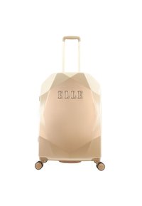 Hard-shell suitcase in light pink with a geometric design. Features an embossed "ELLE" logo, a telescopic handle, and four wheels for mobility.