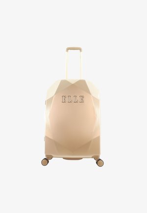 Hard-shell suitcase in light pink with a geometric design. Features an embossed "ELLE" logo, a telescopic handle, and four wheels for mobility.