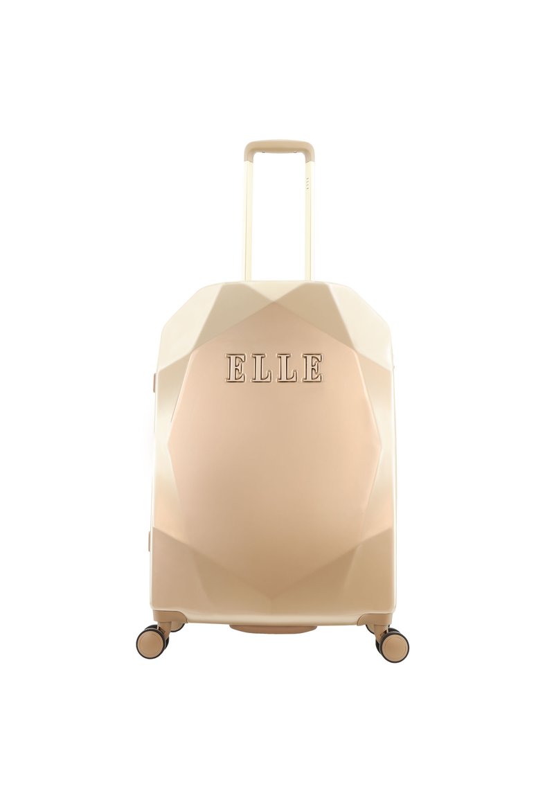 Hard-shell suitcase in light pink with a geometric design. Features an embossed "ELLE" logo, a telescopic handle, and four wheels for mobility.