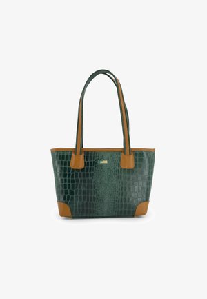 Grüne Handtasche aus Leder mit Krokodilprägung und hellbraunen Akzenten, geräumiges Design, doppelte Griffe und ein kleines goldenes Logo auf der Vorderseite.