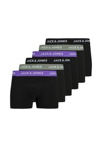Mustat bokserit, joissa on erilaiset elastiset vyötärönauhat harmaana ja purppurana, ja jotka esittelevät "JACK & JONES" -logoa näkyvästi.