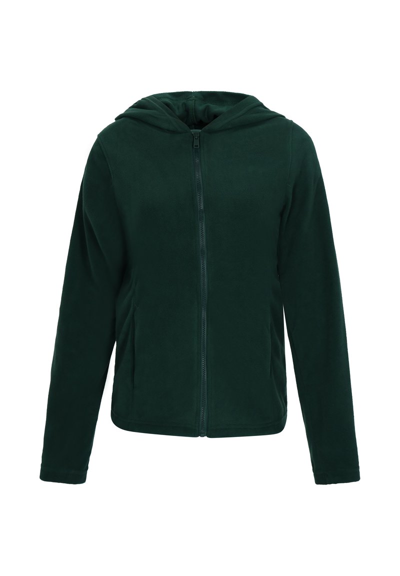 Felpa con cappuccio in pile verde scuro, dotata di zip full-length, cappuccio regolabile con lacci e maniche lunghe con una texture liscia.