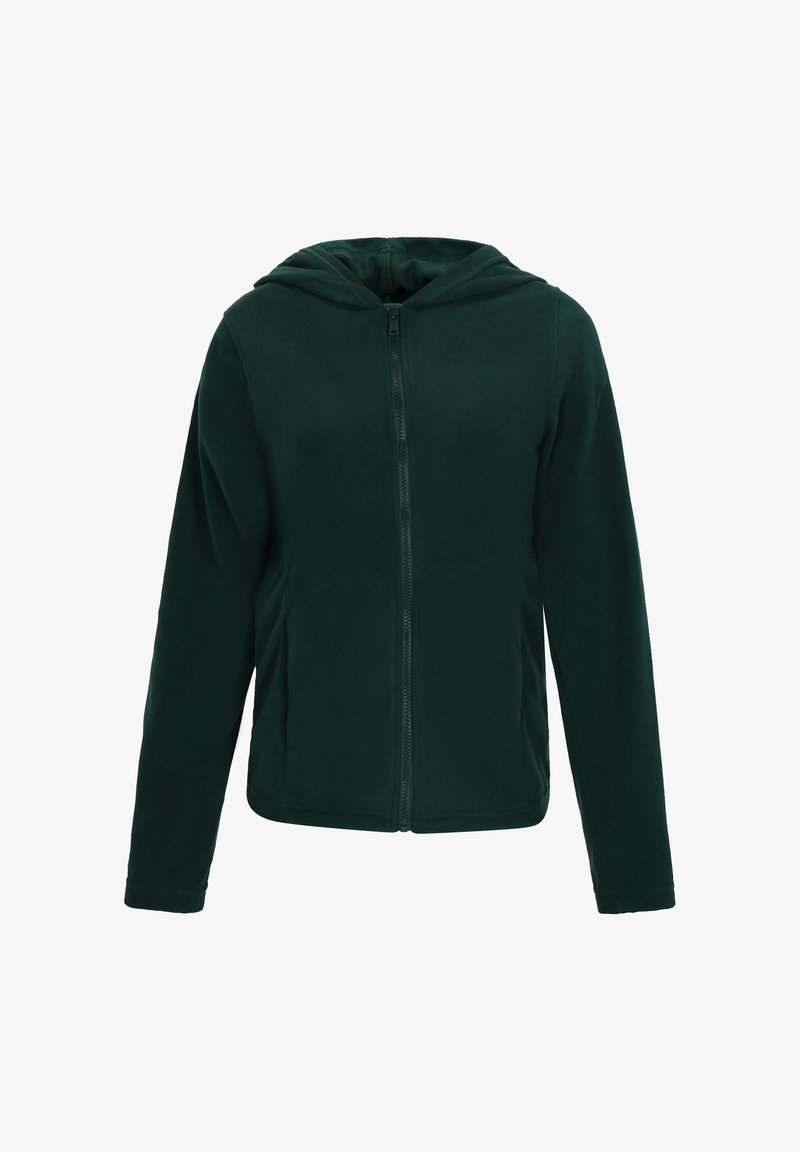 Dunkelgrüner Fleece-Hoodie mit durchgehendem Reißverschluss, Kapuze mit Kordelzug und langen Ärmeln mit glatter Textur.