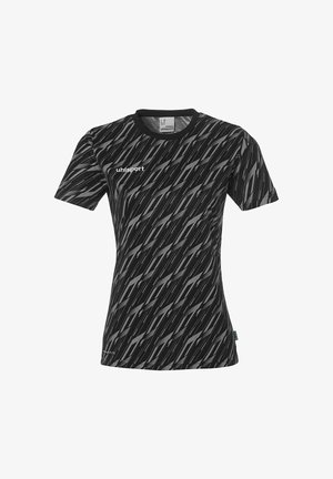 Zwarte sport T-shirt met een geometrisch grijs patroon, korte mouwen, ronde hals en het "uhlsport" logo op de linker voorkant.