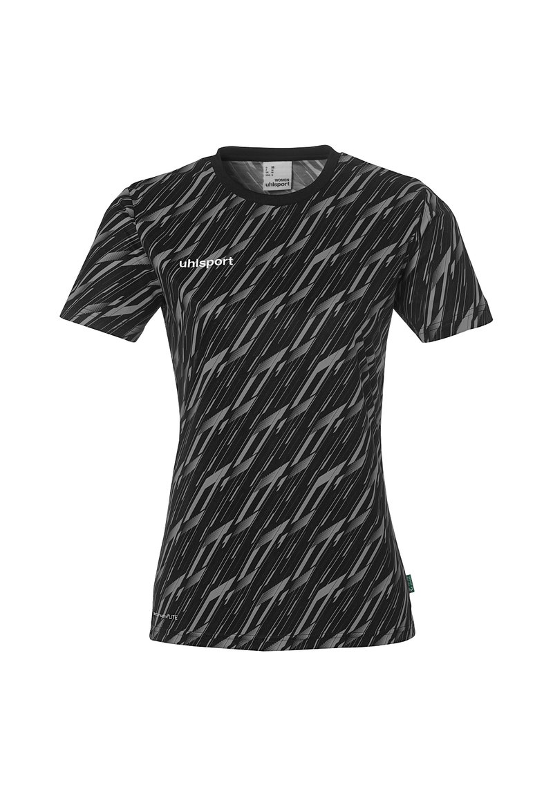 Sort sports t-shirt med et geometrisk gråt mønster, korte ærmer, rund halsudskæring og "uhlsport" logo på venstre front.