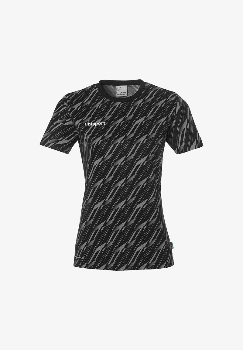 Sort sports t-shirt med et geometrisk gråt mønster, korte ærmer, rund halsudskæring og "uhlsport" logo på venstre front.