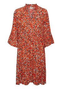 Šaty s květinovým vzorem, které mají živou oranžovou základnu a bílé, červené a černé akcenty. Volný střih s volánkovými rukávy ke třičtvrtě a výstřihem do V.