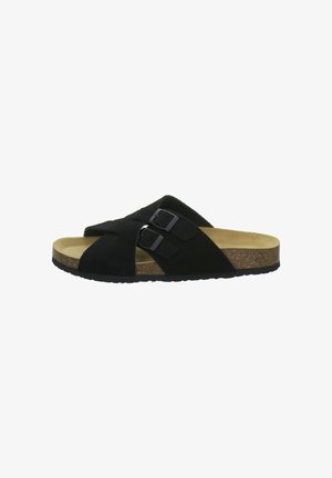 Black suede slide sandal with two adjustable buckled straps and a cork sole with a beige footbed.