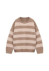 Hellbrauner und cremefarbener, gestreifter Pullover aus weichem Strick. Mit Rundhalsausschnitt sowie gerippten Bündchen und Saum. Lässige Passform.