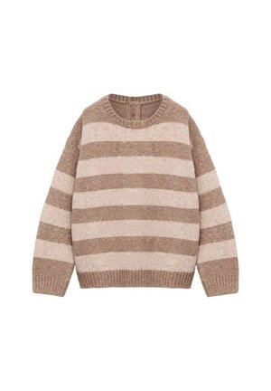 Pull à rayures brun clair et crème en maille douce. Possède un col rond et des poignets et un ourlet côtelés. Coupe décontractée.