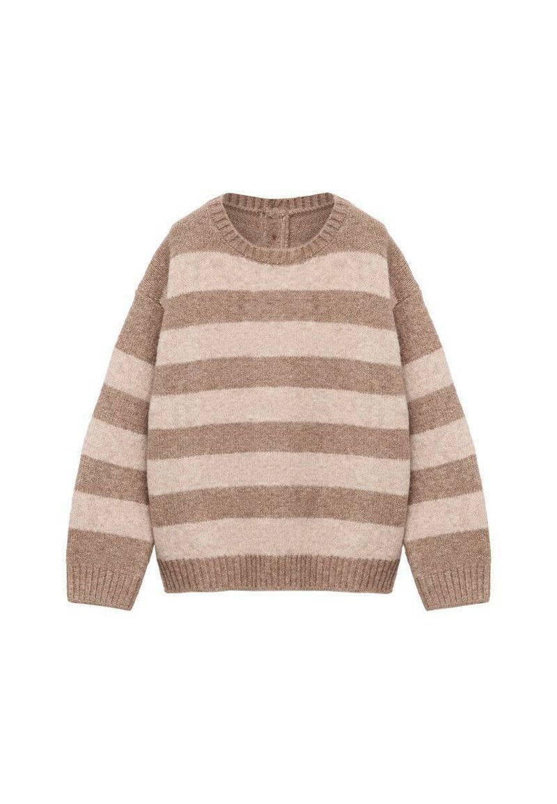 Hellbrauner und cremefarbener, gestreifter Pullover aus weichem Strick. Mit Rundhalsausschnitt sowie gerippten Bündchen und Saum. Lässige Passform.