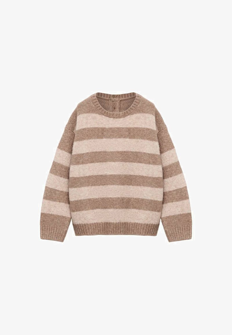 Svetrov svetlo rjave in smetane barve, prugast, narejen iz mehkega pletenja. Ima okroglo ovratnico ter rebraste manšete in rob. Ohlapen kroj.