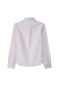 Světle růžová a bílá pruhovaná košile s dlouhým rukávem, zadním skladem, knoflíkovými manžetami a klasickým límcem. Hladká bavlněná tkanina.