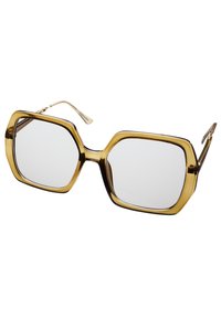 Hexagonální sluneční brýle s transparentním hnědým rámem a čirými skly. Disponují kovovými stranicemi, které spojují odvážný design a minimalistický styl.