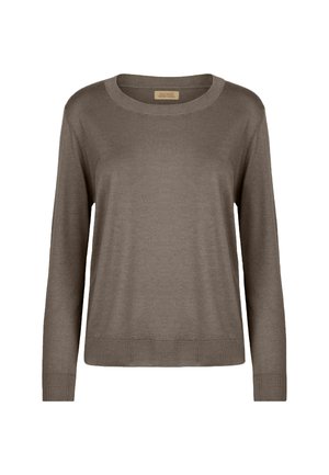 Brązowy sweter z długim rękawem, wykonany z dzianiny, z okrągłym dekoltem i prążkowanymi brzegami. Materiał ma miękką teksturę i luźny krój.
