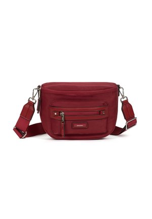 Borsa a tracolla rossa in nylon con manico regolabile, scomparto principale con zip e tasca frontale. Presenta accessori in metallo argentato e superficie liscia.