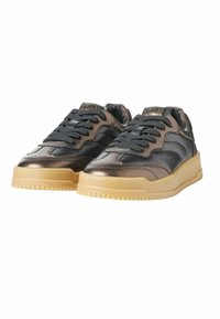 Metallic dark bronze sneakers with textured black leather accents, round toe, thick gum rubber sole, and black laces.