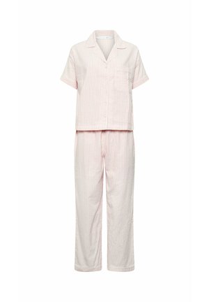 Pyjama deux pièces en coton rayé rose clair et blanc, avec un haut à manches courtes boutonné et un pantalon long ample.