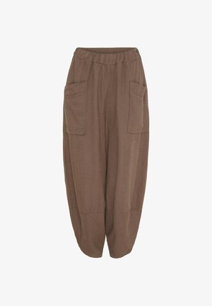 Brune, løst siddende bukser lavet af tekstureret stof, med to store forlommer og en elastisk talje.