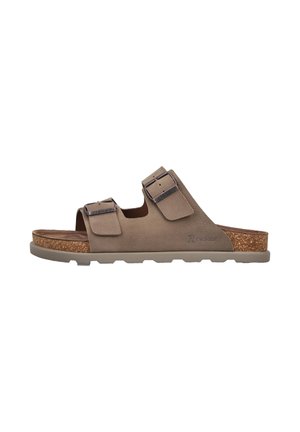 Brauner Slip-On-Sandalette mit Kork-Fußbett, zwei verstellbaren Schnallenriemen und profilierter Gummisohle.